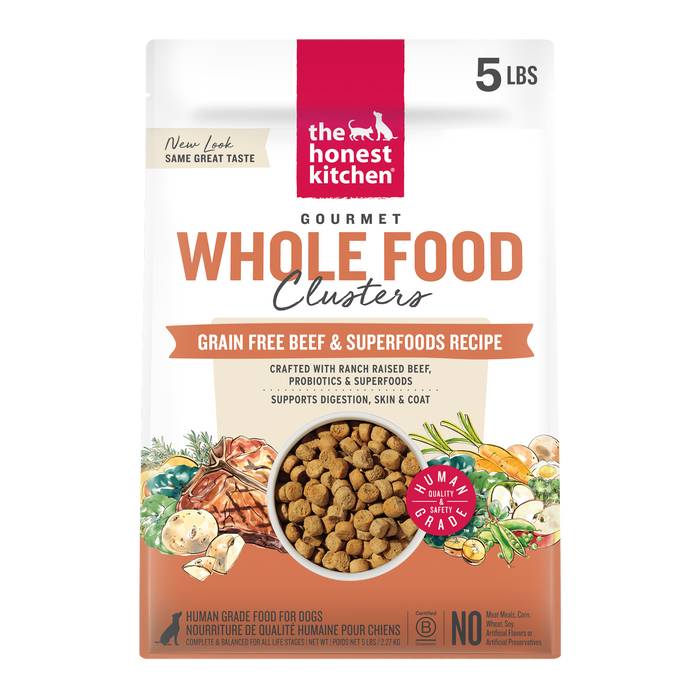 The Honest Kitchen Dry Dog Food, Grain Free Beef Whole Food Clusters, 5 lbs, is made with ranch-raised beef, sweet potatoes, carrots & peas. This human-grade recipe supports your dog's digestion and skin health.