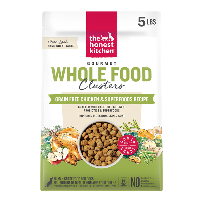 A 5 lb bag of The Honest Kitchen Dry Dog Food, Grain Free Chicken Whole Food Clusters, featuring images of fresh ingredients and labeled as crafted with cage-free chicken, probiotics, and superfoods.