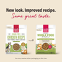 Two bags of The Honest Kitchen Dry Dog Food are shown: Grain Free Chicken Whole Food Clusters. Text above reads, New look. Improved recipe. Same great taste.