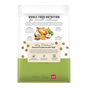 A bag of The Honest Kitchen Dry Dog Food, Grain Free Chicken Whole Food Clusters, displays kibble and clusters with roast cage-free chicken and veggies. Highlights human grade food for digestion and skin health, with details in the green lower section.
