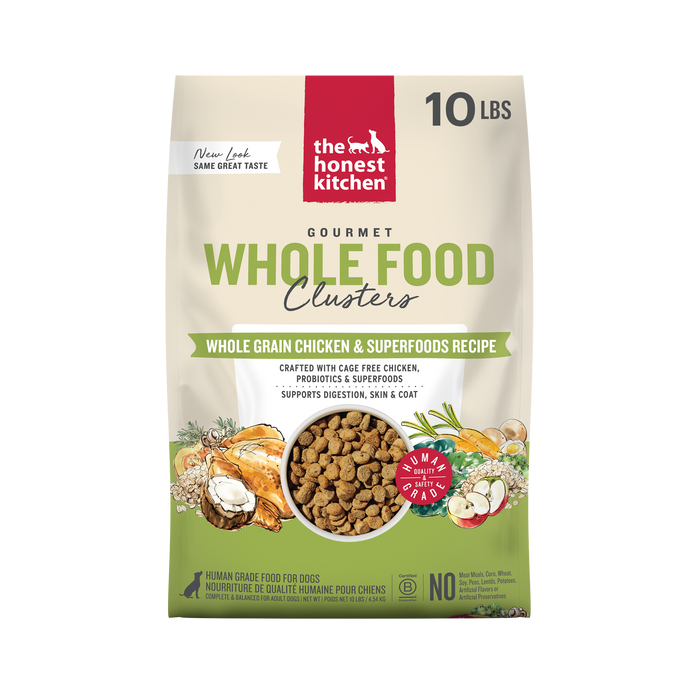 A 10-pound bag of The Honest Kitchen Dry Dog Food, Whole Grain Chicken Whole Food Clusters, made with whole grains, superfoods, and probiotics. Packaging displays cage-free chicken, eggs, grains, and vegetables.