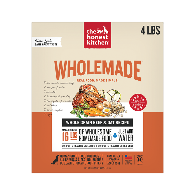 A 4-lb box of The Honest Kitchen Dehydrated Dog Food Whole Grain Beef displays beef, carrots, oats, and greens, with key benefits and feeding instructions highlighted on the front.
