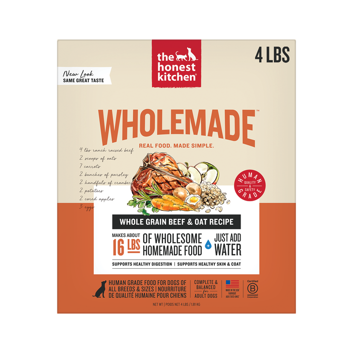 A 4-lb box of The Honest Kitchen Dehydrated Dog Food Whole Grain Beef displays beef, carrots, oats, and greens, with key benefits and feeding instructions highlighted on the front.