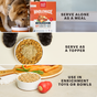 Three images show creative ways to serve The Honest Kitchen Dehydrated Dog Food Whole Grain Beef: a dog eating from a bowl, kibble topped with the food and paws nearby, and food in a toy next to veggies, each method explained by captions.