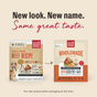 Side-by-side comparison of old and new packaging for The Honest Kitchen’s Dehydrated Dog Food Whole Grain Beef, with text: New look. New name. Same great taste. An arrow points from the old to the new design.