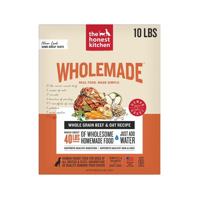 A 10 lb box of The Honest Kitchen Dehydrated Dog Food Whole Grain Beef features food images, benefits, serving instructions, and a label stating it makes about 40 lbs of food.