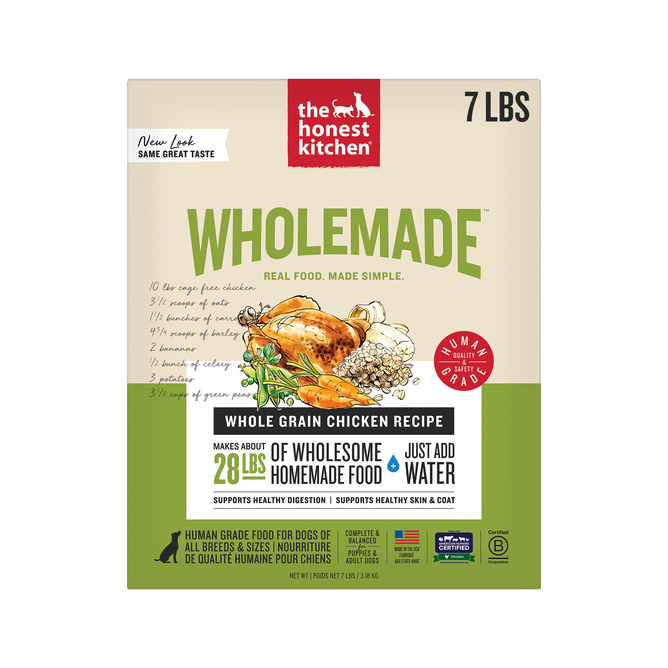 A 7 lb box of The Honest Kitchen Wholemade™ Whole Grain Chicken Dog Food features a yellow and white design with a chicken, vegetables, grains, and text highlighting its human grade quality and use of cage free chicken.