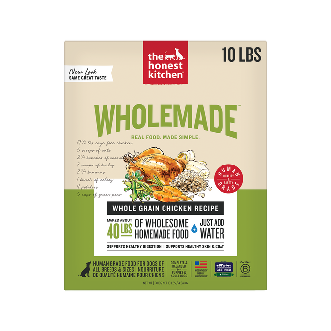 Front of a 10 lb The Honest Kitchen Wholemade™ Whole Grain Chicken Dog Food box. Text notes it's human grade, makes 40 lbs with just water, and shows cage free chicken and food images.