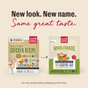 Two packages of The Honest Kitchen dog food are shown: the old Whole Grain Chicken Recipe (left) and the new Wholemade™ Whole Grain Chicken Dog Food (right). Text reads, New look. New name. Same great taste with cage free chicken.