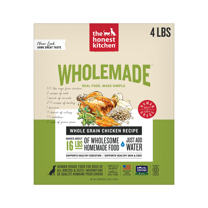 A 4 lb box of The Honest Kitchen Wholemade™ Whole Grain Chicken Dog Food—with images of chicken and veggies—makes 16 lbs of human grade, dehydrated food; just add water for a wholesome homemade meal.