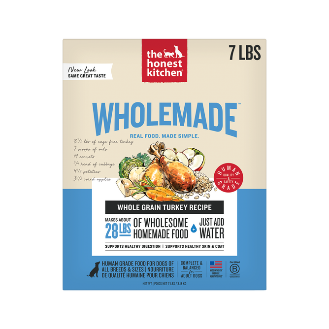 A 7 lb box of The Honest Kitchen Wholemade™ Whole Grain Turkey Dog Food features cage-free turkey, is human grade, makes 28 lbs of food, and only needs water—just add for wholesome meals.