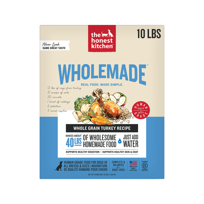 A 10-lb box of The Honest Kitchen Wholemade™ Whole Grain Turkey Dog Food, made with human grade, cage free turkey. This dehydrated food makes 40 lbs when rehydrated—just add water. Packaging shows turkey and vegetables.