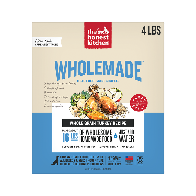 A 4 lb box of The Honest Kitchen Wholemade™ Whole Grain Turkey Dog Food makes 16 lbs of human-grade food. The blue and beige packaging features turkey, veggies, and grains.