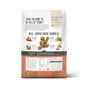 A bag of The Honest Kitchen Dry Dog Food, Grain Free Beef Whole Food Clusters, with text highlighting food too good to be called kibble and real, human-grade goodness. Illustrations show ingredients and whole food clusters details on the back.
