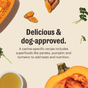 A graphic with pumpkin, turmeric, parsley, and oil frames text promoting The Honest Kitchen Instant Beef Dog Bone Broth with Turmeric—a flavorful dog food topper made with pumpkin, parsley, and turmeric for your pup.