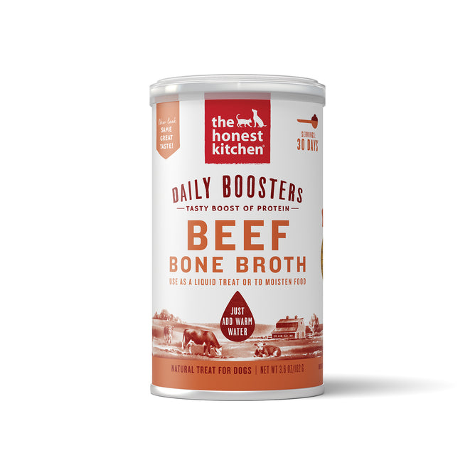 A canister of The Honest Kitchen Instant Beef Dog Bone Broth with Turmeric for dogs, a natural food topper with protein, features instructions to add warm water plus cow and farm illustrations.