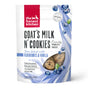 A white and blue pouch of The Honest Kitchen Dog Treat Blueberry & Vanilla Goats Milk N Cookies displays healthy biscuits, blueberries, and highlights probiotics plus natural ingredients for dogs.