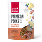 A bag of The Honest Kitchen Dog Treat Parmesan Pecks, Beef & Blueberry—healthy, natural dog treats with ranch-raised beef, parmesan, and blueberry. Packaging shows images of meat, cheese, and blueberries.