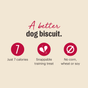 Infographic with the text “A better dog biscuit.” Three icons: 7 for Just 7 calories, broken heart for Snappable training treat, and slash symbol for No corn, wheat or soy. Made with real chicken & parmesan—The Honest Kitchen Parmesan Pecks.