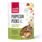 A bag of The Honest Kitchen Dog Treat Parmesan Pecks, Chicken & Cranberry—wholesome dog treats with cage-free chicken, parmesan, and cranberry. The packaging highlights real ingredients with green and white product info.
