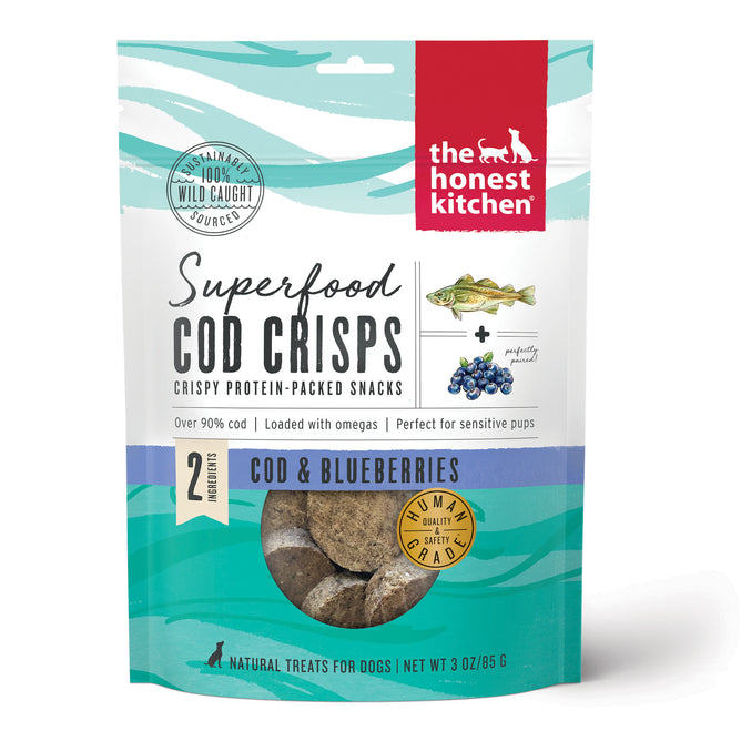 A bag of The Honest Kitchen Dog Treat Ocean Chews Crispy Cod Fish Skins Beams, showing fish imagery and highlighting wild-caught cod, limited ingredients, and human grade quality on the front.