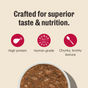 A bowl of Minced Wet Cat Food Salmon & Cod in Fish Broth Gravy by The Honest Kitchen sits below icons: High protein, Human grade, and Chunky, brothy texture. Text above reads: Crafted for superior taste & complete & balanced nutrition.