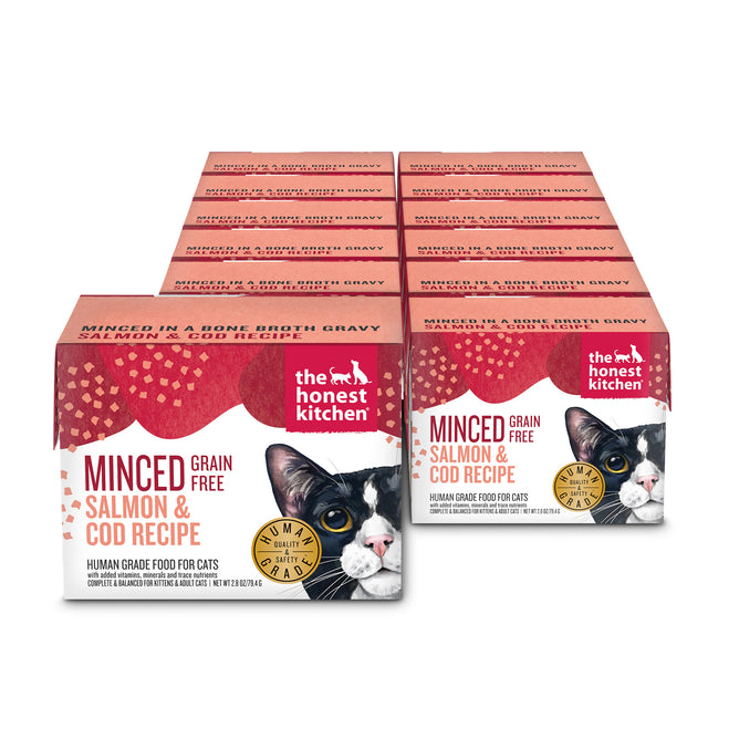 A set of 8 pink boxes of The Honest Kitchen Minced Wet Cat Food Salmon & Cod in Fish Broth Gravy, each with wild-caught salmon and cod, a cat face illustration, and a gold seal on the front.