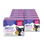 A 12-pack of The Honest Kitchen Minced Wet Cat Food Turkey, Chicken & Duck in Bone Broth Gravy, with a close-up cat face and product info on purple and white packaging.