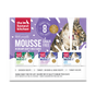 A box of The Honest Kitchen Mousse Wet Cat Food - Cat Mousse with Goats Milk, Variety Pack, contains 8 packs with chicken, turkey, and duck recipes. The packaging shows a cat licking its lips.