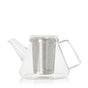 The AdHoc Borosilicate Glass Teapot with Stainless Steel Infuser and Candle Warmer features a clear glass body, glass handle and spout, metal lid, and cylindrical infuser. Shown on a white background.