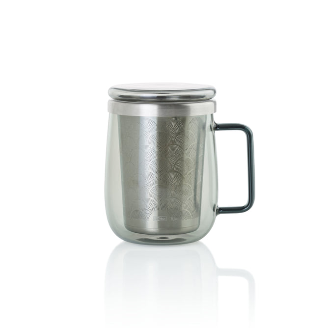 The AdHoc Borosilicate Glass Tea Mug with Stainless Steel Tea Infuser, featuring a metal handle and matching lid, is shown on a white background—perfect for brewing large-leaf teas.