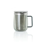 The AdHoc Borosilicate Glass Tea Mug with Stainless Steel Tea Infuser, featuring a metal handle and matching lid, is shown on a white background—perfect for brewing large-leaf teas.