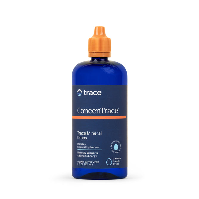 A blue bottle with orange dropper cap labeled ConcenTrace by Trace Minerals, highlighting hydration and energy support. Provides a 3-month supply of ionic trace mineral dietary drops for daily wellness.