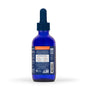 A blue glass dropper bottle with a blue cap, shown from the back. The label for Trace Minerals ConcenTrace Trace Mineral Drops-Glass displays ionic trace minerals info, instructions, nutrition facts, and certification logos in white and orange text.