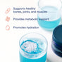 Two glasses with blue drinks topped with ConcenTrace Daily Mineral Powder by Trace Minerals are shown. Text highlights: “Supports healthy bones, joints & muscles,” “Supports metabolism,” and “Promotes hydration,” with matching icons.