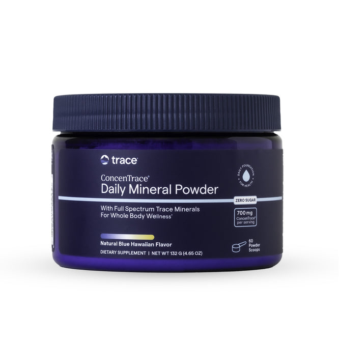 A dark blue jar labeled ConcenTrace Daily Mineral Powder by Trace Minerals, contains full spectrum trace minerals, 0 sugar, 700 mg ConcenTrace per serving, and is a natural blue Hawaiian flavor mineral powder.