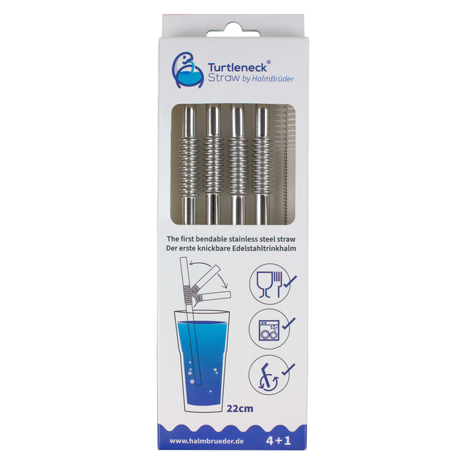 A box of EcoLunchBox Turtleneck Stainless Steel Bendable Straws, featuring four reusable straws. The white and blue packaging displays product features and includes an illustration of a straw in a glass.