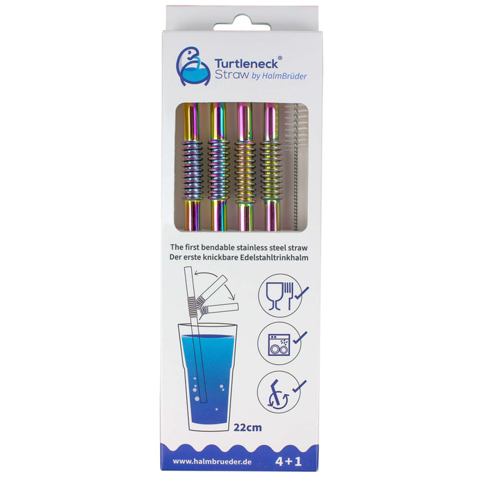 The EcoLunchBox Turtleneck Stainless Steel Bendable Straw Set includes four reusable rainbow straws and a cleaning brush. Dishwasher safe, sustainable, and designed for ages 4+, all in an eco-friendly box.