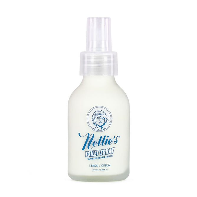 A white bottle of Nellies Toilet Spray - Lemongrass with a clear cap, blue logo, and woman illustration, offers a fresh cleaning experience with its lemongrass scent.