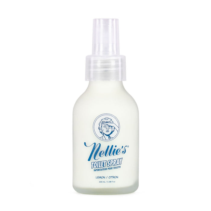 A white bottle of Nellies Toilet Spray - Lemongrass with a clear cap, blue logo, and woman illustration, offers a fresh cleaning experience with its lemongrass scent.