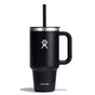 32 oz black insulated travel tumbler by Hydro Flask, featuring a handle, straw, white logo, and leak-resistant lid.