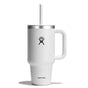 The Hydro Flask Travel Tumbler (32 oz) is a tall, white mug with a handle, silver rim, and straw featuring the brands logo. It has double-wall vacuum insulation for optimal temperature retention and a leak-resistant lid to keep your drink secure on any adventure.