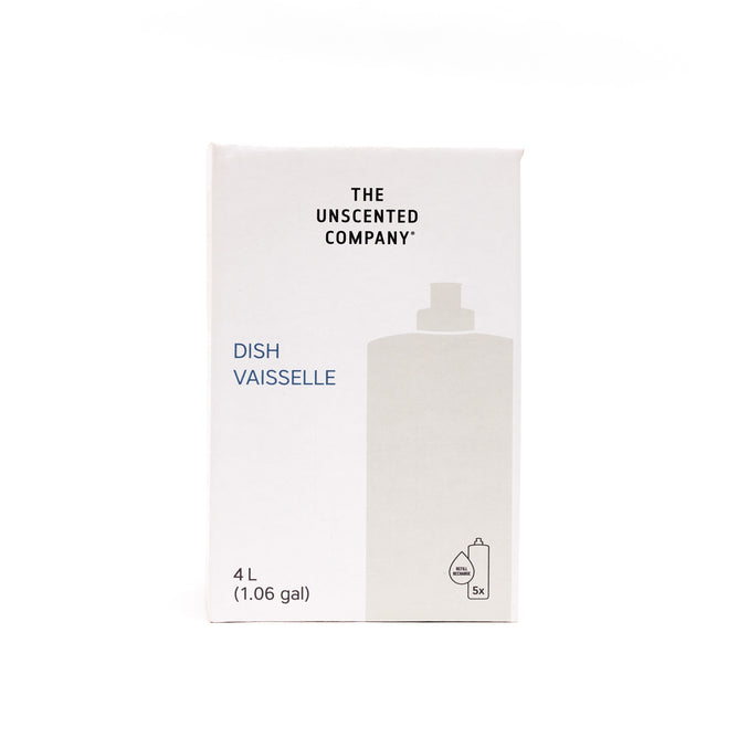 A white 4L Dish Soap Refill box by The Unscented Company, with minimalist text, bottle outline, and DISH VAISSELLE label, highlights its fragrance free formula.