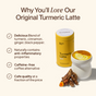 A tin of Morning Made Turmeric Latte - Original (60 servings), a foamy golden latte, turmeric roots, and latte powder sit beside text highlighting its delicious flavor and anti-inflammatory benefits.