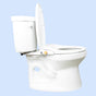 A white ceramic toilet with its lid and seat raised, shown in side view against a light blue background, provides an eco-friendly bathroom solution when paired with the TUSHY Wave Non-Electric Bidet Bamboo.