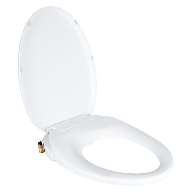 The TUSHY Wave Non-Electric Bidet Bamboo, shown with the lid open and a metal attachment on the left by the hinge, offers eco-friendly hygiene and supports optional DuoFlow Nozzles.
