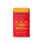 A red and yellow tin labeled Taco Seasoning from Diaspora Spice Co., made with single-origin spices, features taco illustrations and the phrase "Grown for flavor, rooted in equity." Contains 1.4 oz (40g) of spice blend.