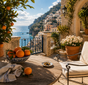 A sunlit terrace overlooks a coastal village and sparkling sea, with potted flowers, a bowl of oranges, and a small plate of olives on a rustic wooden table beside a cushioned chair. The inviting atmosphere is subtly elevated by an Enviroscent Stix Diffuser Air Freshener Refill, whose non-toxic Scent Stix release gentle aromas that blend seamlessly with the natural sea breeze.