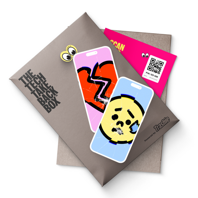 Two smartphones with cracked screens, displaying broken heart and sad face emojis, lie on a gray Medium Tech Take Back Box by Trashie. This is ideal for discarding unwanted electronics. A colorful card featuring a QR code and a watchful cartoon eye completes the scene.