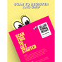 A vibrant poster features a cartoon character with large eyes peering over a pink Medium Tech Take Back Box by Trashie. The text, Scan to Register and Ship, is next to a QR code and PIN, with bold yellow instructions urging users to scan and recycle electronics efficiently.